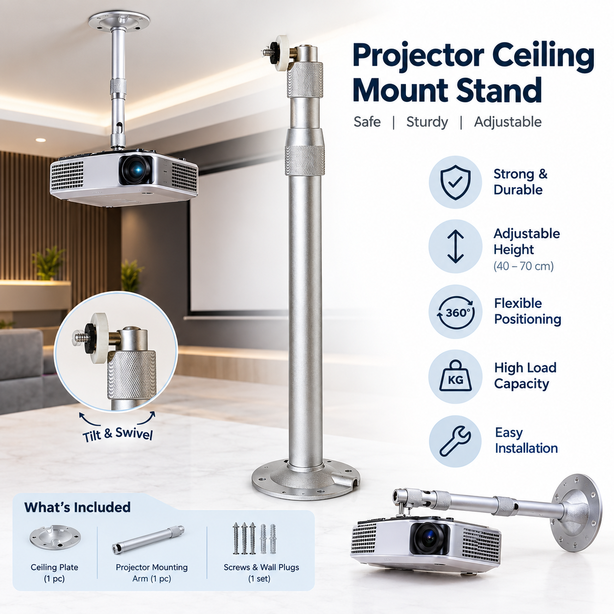 Adjustable Projector Ceiling Mount Stand – Silver Metal Mounting Bracket - Image 2